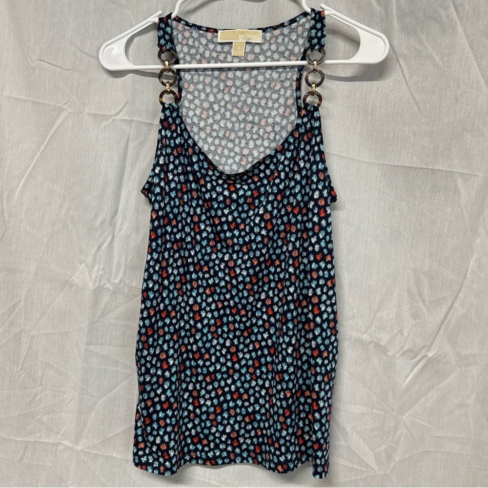 Michael Kors Navy Floral Ring-Shoulder Tank Top — Navy, Light Blue & Coral